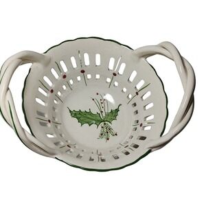 RCCL Reticulated Candy Basket Hand Painted Braided Handles Holly Portugal Signed